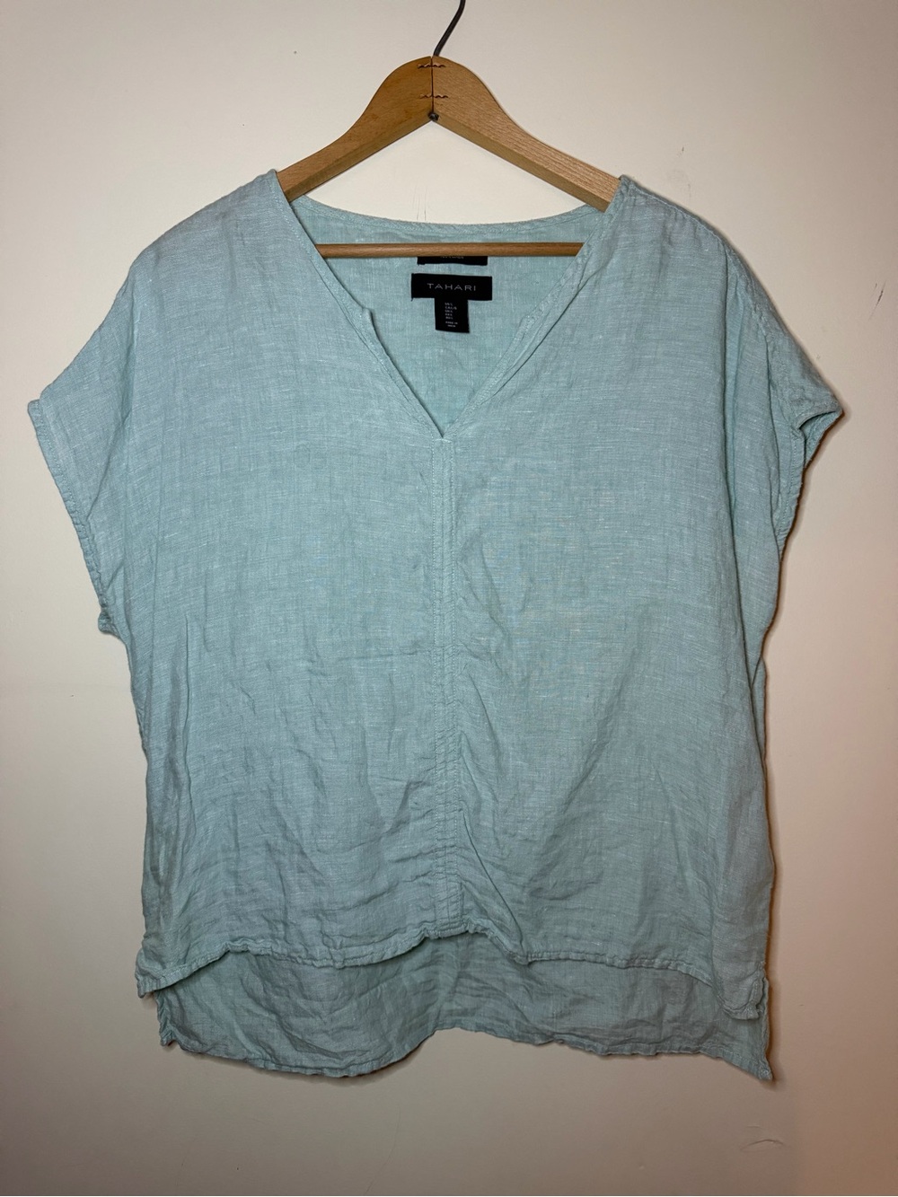 Tahari Soft Aqua V-Neck Linen-Blend Tunic Top